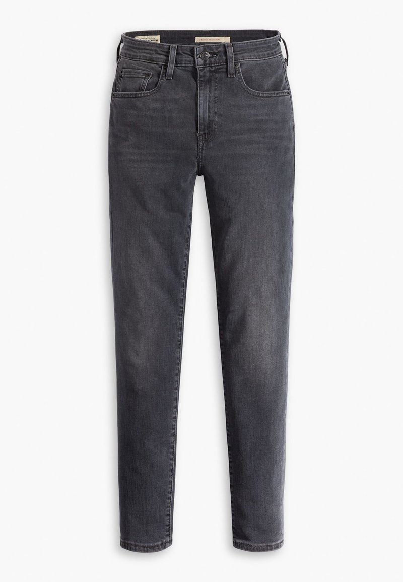 Dunkelgraue Denim-Jeans mit schmaler Passform, fünf Taschen und Knopfverschluss. Verfügt über klassische Nähte und dezente Ausbleichungen im Stoff.