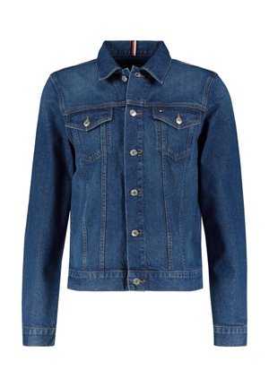 Donkerblauwe denimjack met een knoopsluiting aan de voorkant, twee borstzakken en een klassieke kraag. Met zilverkleurige knopen en subtiele stikdetails.