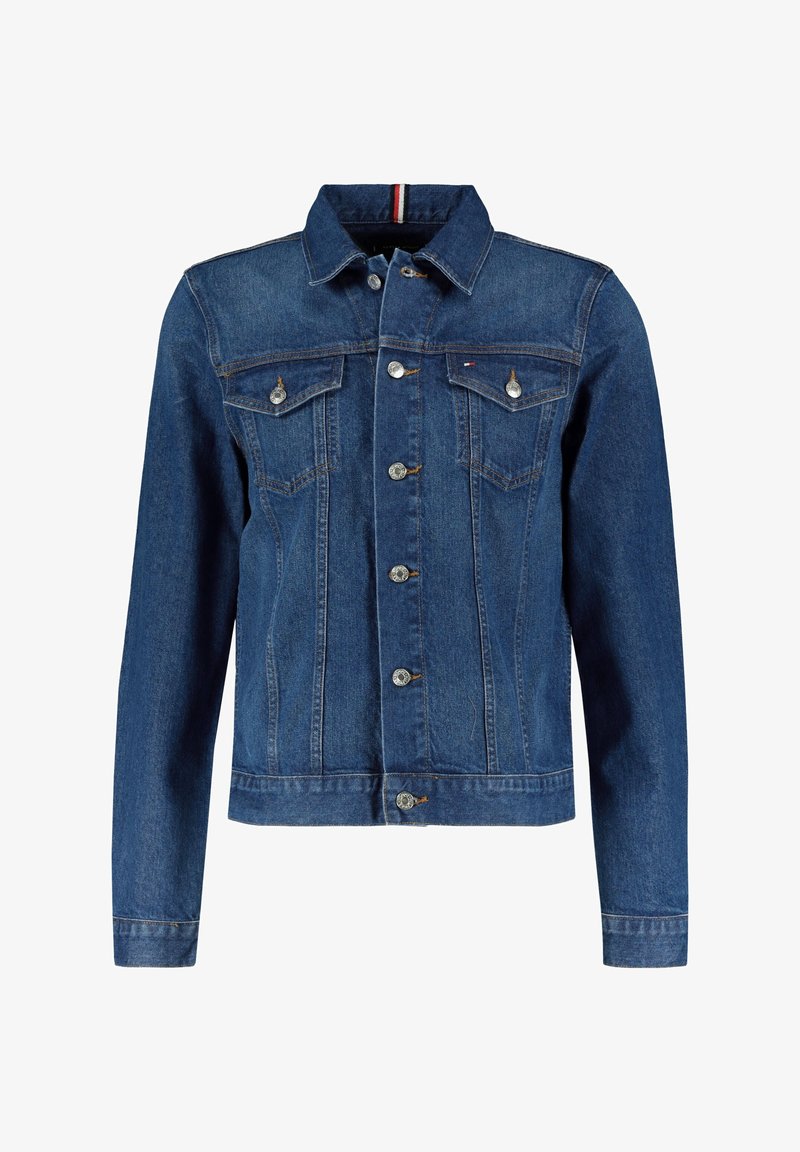 Denim jacket in dark blue, featuring a button-up front, two chest pockets, and a classic collar. Silver-tone buttons and subtle stitching details.