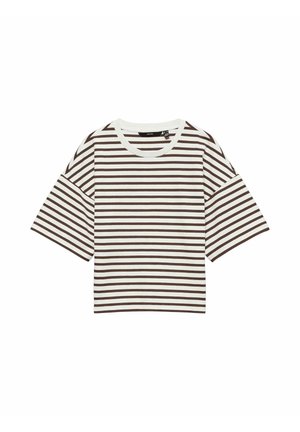 Camiseta de manga corta con rayas horizontales blancas y marrones, con cuello redondo y un corte relajado y cuadrado.