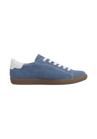 Blaue Wildleder-Sneaker mit weißem Fersenakzent, weißen Schnürsenkeln und strukturierter Gummisohle. Verfügt über kontrastierende Nähte entlang der Seiten.