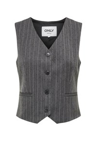 Gilet grigio a righe sottili con scollo a V, cinque bottoni e due tasche frontali. Tessuto strutturato con linee verticali e sottili accenti a puntini.