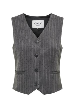 Gilet grigio a righe sottili con scollo a V, cinque bottoni e due tasche frontali. Tessuto strutturato con linee verticali e sottili accenti a puntini.