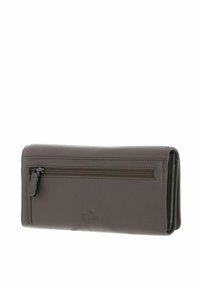 Cartera de cuero gris oscuro con un compartimento con cremallera, forma rectangular y logo RFID en relieve. Textura suave y diseño minimalista.