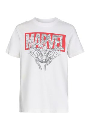 Tricou alb din bumbac cu logo roșu „MARVEL” și o grafică neagră cu Spider-Man într-o poză de acțiune, pe un fundal simplu.