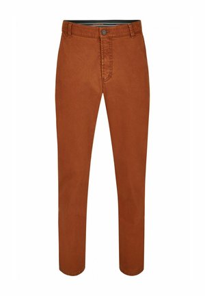 Rostfarbene Chinos aus Stoff, mit einem klassischen Fünf-Taschen-Design, Reißverschluss, Knopfverschluss und geradem Bein-Schnitt.