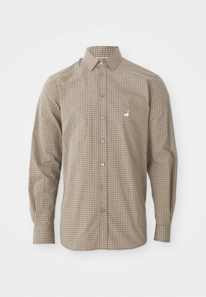 Long-sleeve, button-up shirt in brown and beige check pattern, featuring a single chest pocket and contrasting blue buttons.