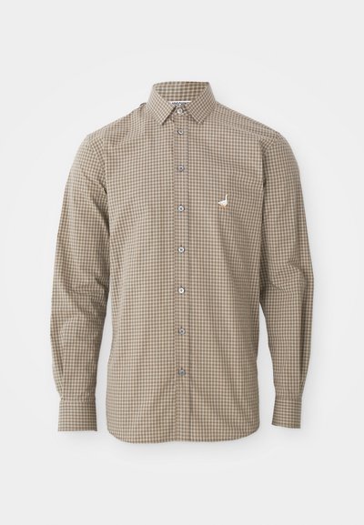 Camicia a maniche lunghe con motivo a scacchi marrone e beige, colletto con bottoni, taschino e piccolo logo ricamato sul petto.