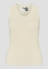 Mouwloze, v-hals tanktop in off-white, met een gestructureerd breipatroon, slanke pasvorm en een rechte zoom. Label toont maat- en merkdetails.