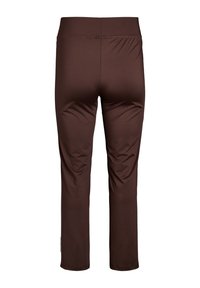 Brown stretch leggings with a wide waistband and a smooth, fitted texture. The design is simple with no visible patterns or hardware details.