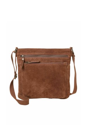Brown suede crossbody bag with adjustable fabric strap and two front zippered pockets on a white background.