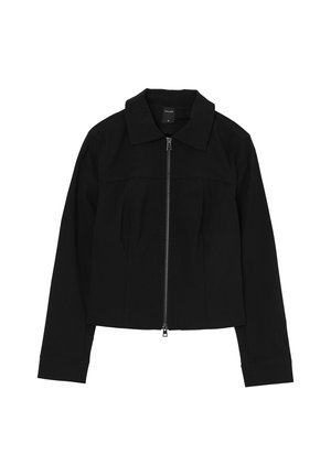Veste noire à manches longues avec col et fermeture éclair à l'avant, taille petite, fabriquée par Calliope.