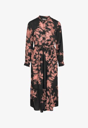Vestito nero a maniche lunghe con motivo floreale in rosa polveroso, colletto con bottoni, vita con cintura e orlo a strati.