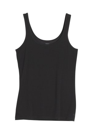 Top nero senza maniche in cotone con spalline larghe, scollatura rotonda e design aderente. Presenta un piccolo logo all'orlo.