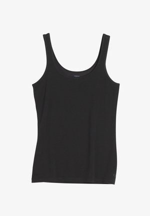 Top nero senza maniche in cotone con spalline larghe, scollatura rotonda e design aderente. Presenta un piccolo logo all'orlo.
