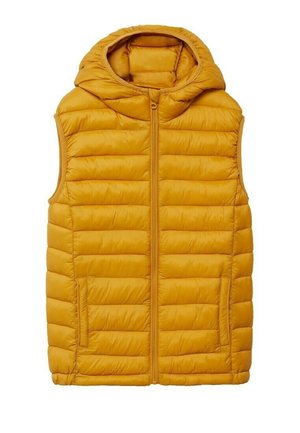 Veste matelassée sans manches jaune moutarde avec fermeture éclair frontale et capuche, avec deux poches latérales.