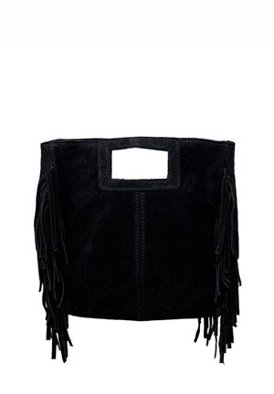 Borsa in camoscio nero con manico a ritaglio rettangolare, cuciture verticali e lunghe frange ai lati.