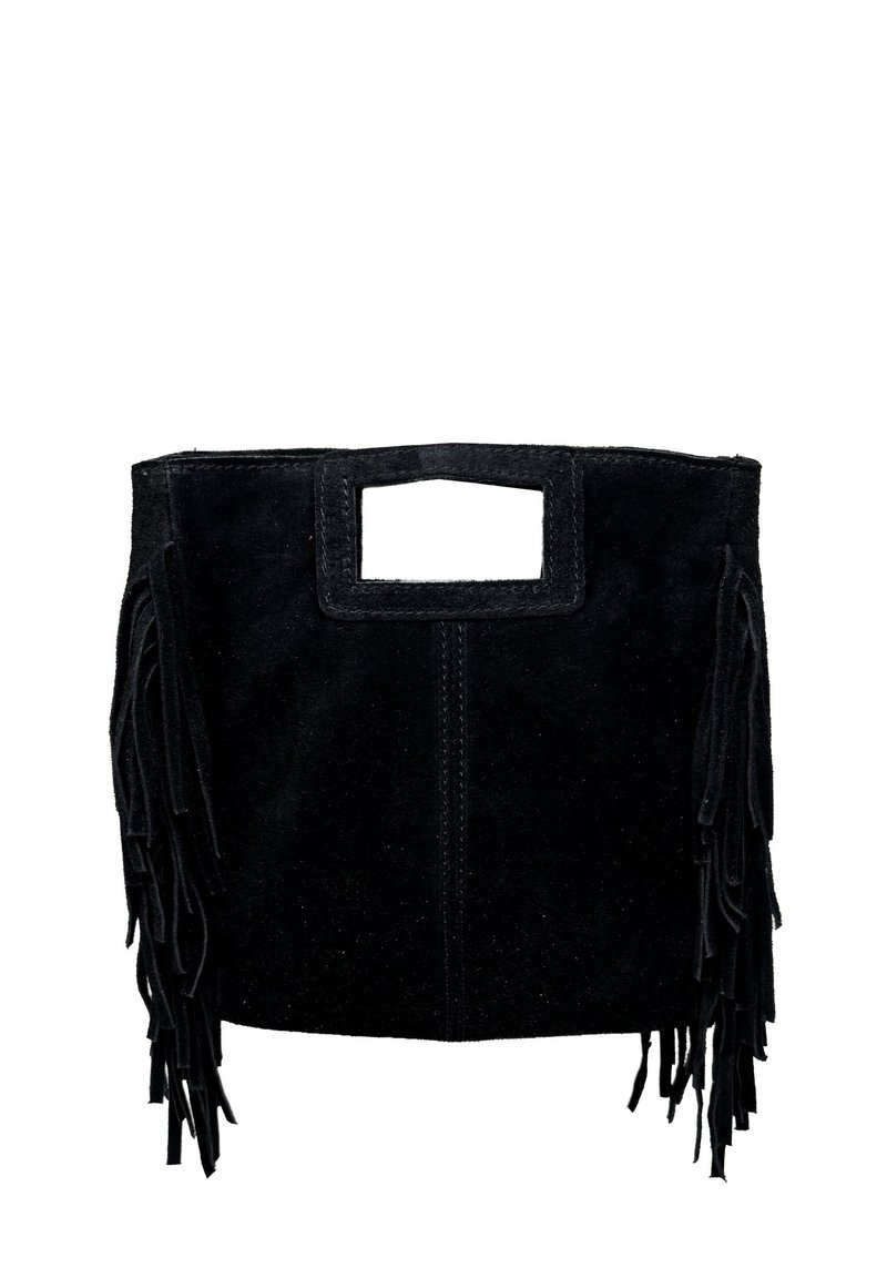 Czarna zamszowa torebka z prostokątnym wyciętym uchwytem, z pionowymi szwami i długimi frędzlami po bokach.
