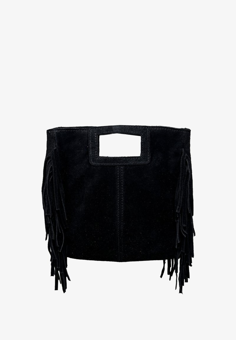 Czarna zamszowa torebka z prostokątnym wyciętym uchwytem, z pionowymi szwami i długimi frędzlami po bokach.