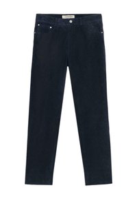 Donkerblauwe corduroybroek met een rechte snit, voorzien van een knoop- en ritsluiting, een vijf-pocket ontwerp en een subtiele textuur.