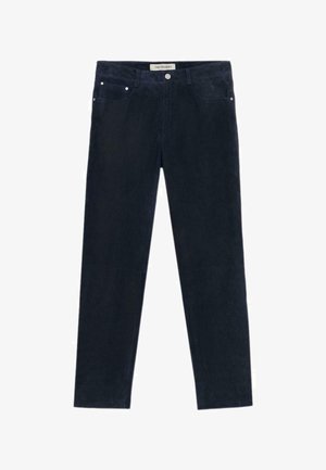 Marineblaue Cordhose mit geradem Schnitt, ausgestattet mit einem Knopf- und Reißverschluss, Fünf-Taschen-Design und subtiler Textur.