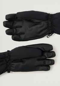 Black gloves made of leather and fabric, featuring a solid design, elastic cuffs, and finger slots for dexterity. Smooth texture overall.