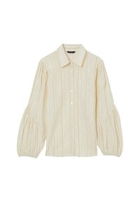 Cream button-up blouse with vertical gold stripes and voluminous long sleeves gathered at the cuffs.