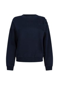 Donkerblauwe katoenen sweatshirt met een ronde hals, lange mouwen, ribgebreide manchetten en bloemenaccent op de linkerschouder. Overal een gladde textuur.