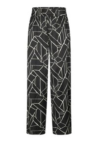 Sorte bukser med vidben, der har et geometrisk hvidt mønster, elastisk talje og en glat stofstruktur, velegnede til afslappet brug.