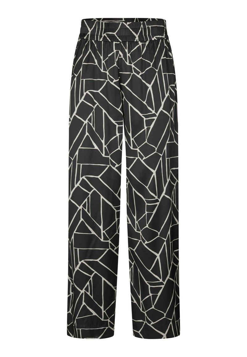 Sorte bukser med vidben, der har et geometrisk hvidt mønster, elastisk talje og en glat stofstruktur, velegnede til afslappet brug.