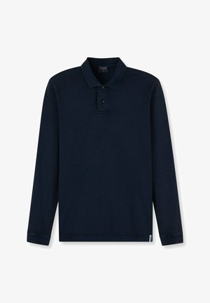 Marineblauw poloshirt met lange mouwen, gemaakt van katoen, voorzien van een klassieke kraag, een knoopsluiting met drie knopen en een subtiele streepdetail aan de zoom.