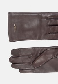 Guanti in pelle marrone con una texture liscia, forma allungata e cuciture sottili. Include il logo dorato "COACH" nella zona del polso.