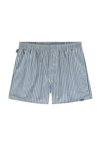 Shorts de bain rayés bleus et crème en tissu léger, dotés d'une taille élastique et d'une petite étiquette de logo sur le côté.
