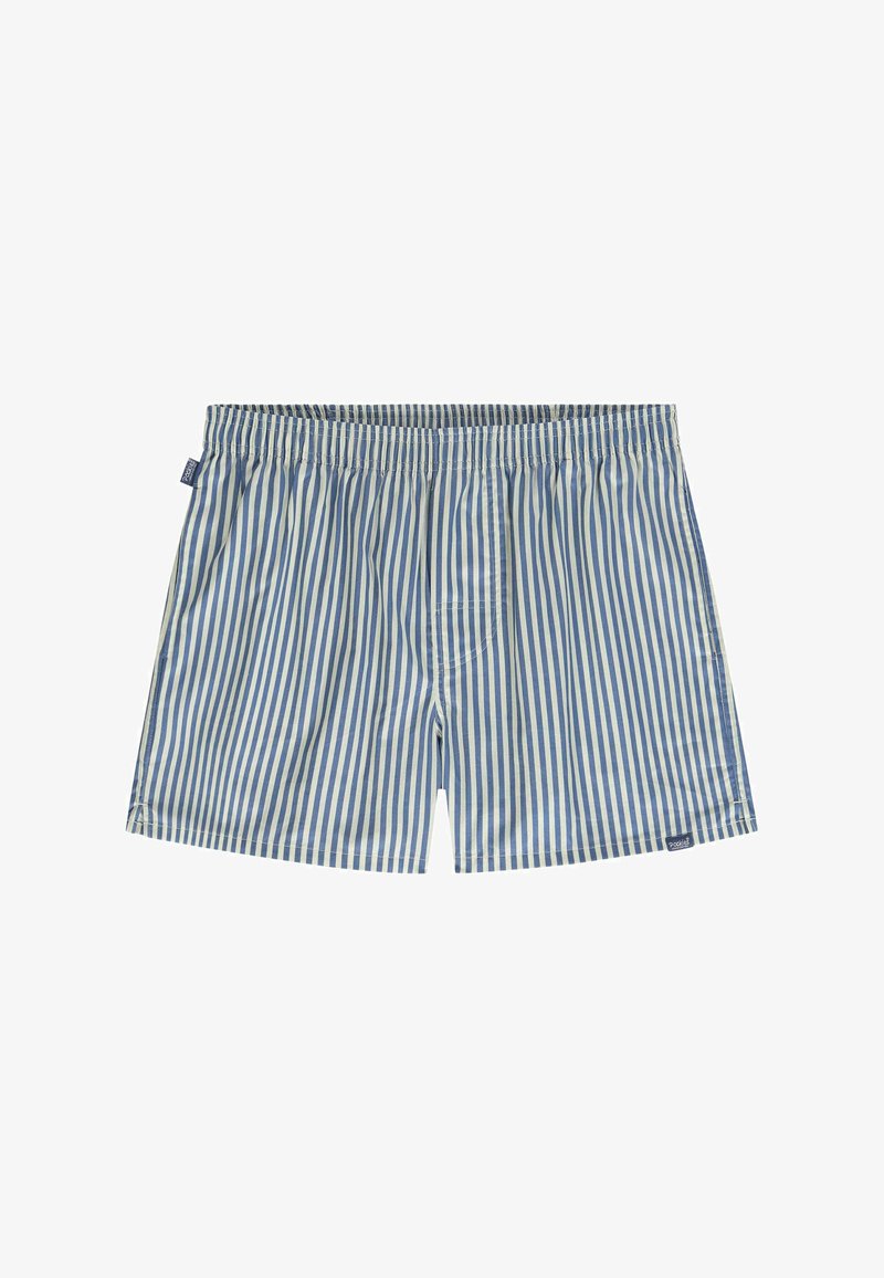 Modré a krémové pruhované plavky vyrobené z lehké tkaniny, s elastickým pasem a malou logem na boku.