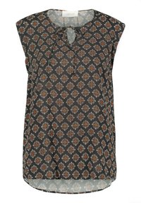 Mouwloze blouse van donker stof met een ruitpatroon in oranje en wit. Heeft een sleutelgat-halslijn met een strik en een afgeronde zoom.