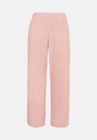 Pantaloni roz deschis din fleece, cu un finisaj moale și texturat și talie elastică, prevăzuți cu picioare largi și drepte, fără buzunare.