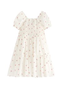 Hvid bomuldskjole med puffærmer, udstyret med en smocked bodice og lagdelt nederdel, dekoreret med små kirsebær i rød og grøn.