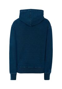 Felpa blu navy con cappuccio, polsini e orlo a coste, tessuto morbido e design semplice. La vista posteriore non mostra dettagli aggiuntivi.