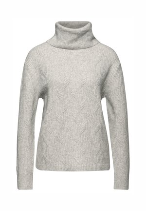 Maglione grigio a collo alto in maglia con trama a coste e motivo a diamante, maniche lunghe e vestibilità leggermente ampia.