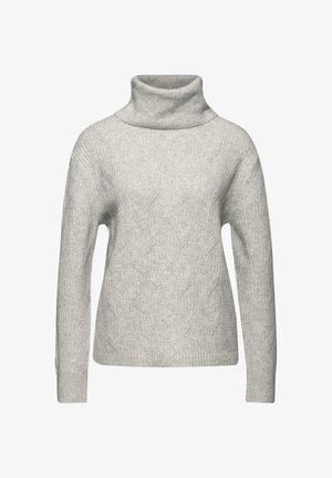 Maglione grigio a collo alto in maglia con trama a coste e motivo a diamante, maniche lunghe e vestibilità leggermente ampia.