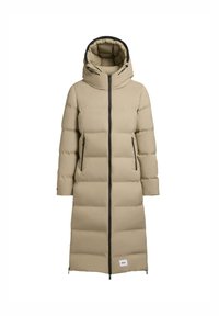 Lungo giubbotto imbottito beige con cappuccio, dotato di una cerniera a tutta lunghezza, due tasche laterali e dettagli neri lungo la cerniera e le tasche.
