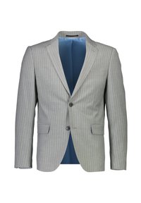 Hellgrauer Pinstripe-Blazer mit zwei vorderen Taschen und einem einzelnen Knopfverschluss. Innenfutter aus hellblauem Stoff.