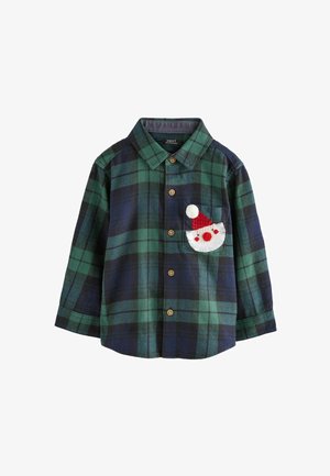 Grøn og marineblå plaid langærmet skjorte med krave, der har en lomme med et applikeret ansigt af Santa i hvid og rød. Træknapper.