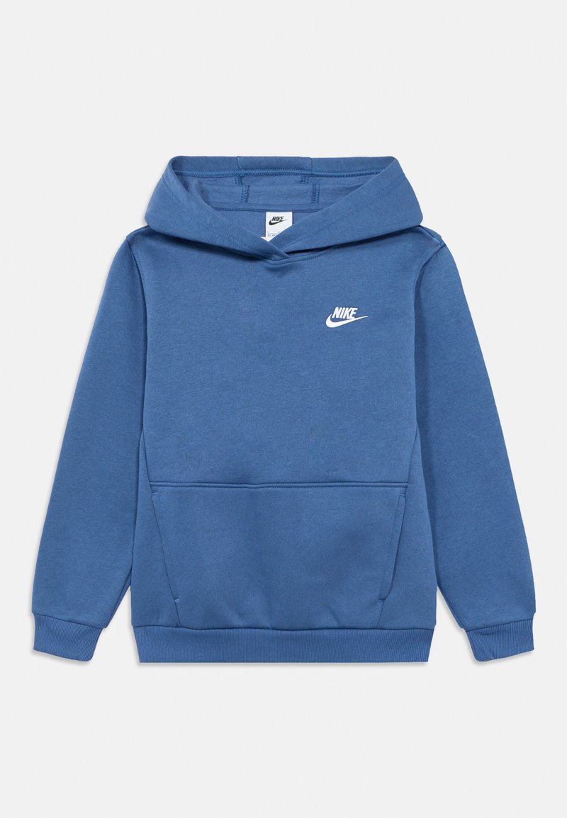 Sininen huppari, valmistettu puuvillasekoitteesta, jossa on etutasku, resorit hihansuissa ja valkoinen Nike-logo rinnassa. Pehmeä materiaali, rento malli.