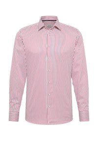 Maglietta a maniche lunghe a righe rosse e bianche con colletto button-down, presenta un orlo dritto e dettagli del polsino a contrasto.