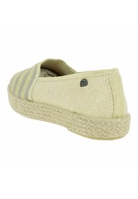 Espadrille beige en tissu texturé, avec un design rayé et une ouverture élastiquée. Dotée d'une semelle en jute tissé et d'un petit détail de logo.