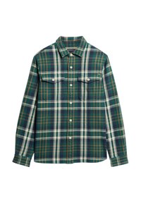 Chemise en flanelle à carreaux verts et bleu marine avec des manches longues, un devant à boutons et deux poches poitrine. Le tissu semble doux avec une finition texturée.