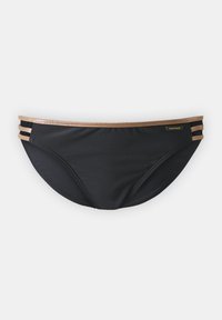 Black bikini bottom with a smooth fabric, featuring a bronze metallic waistband and three horizontal stripes on each side.