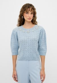 Maglione azzurro chiaro lavorato a maglia con perline floreali textured sul collo e maniche corte a sbuffo, caratterizzato da orlo e polsini a costine.