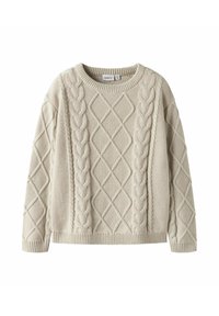 Pull en maille beige clair avec un motif torsadé comprenant des motifs en losange, col rond, poignets et ourlet côtelés. Tissu doux et texturé.